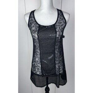BKE Boutique Black Lace Sequin Sleeveless Tank Blouse Size Small Nylon Spandex